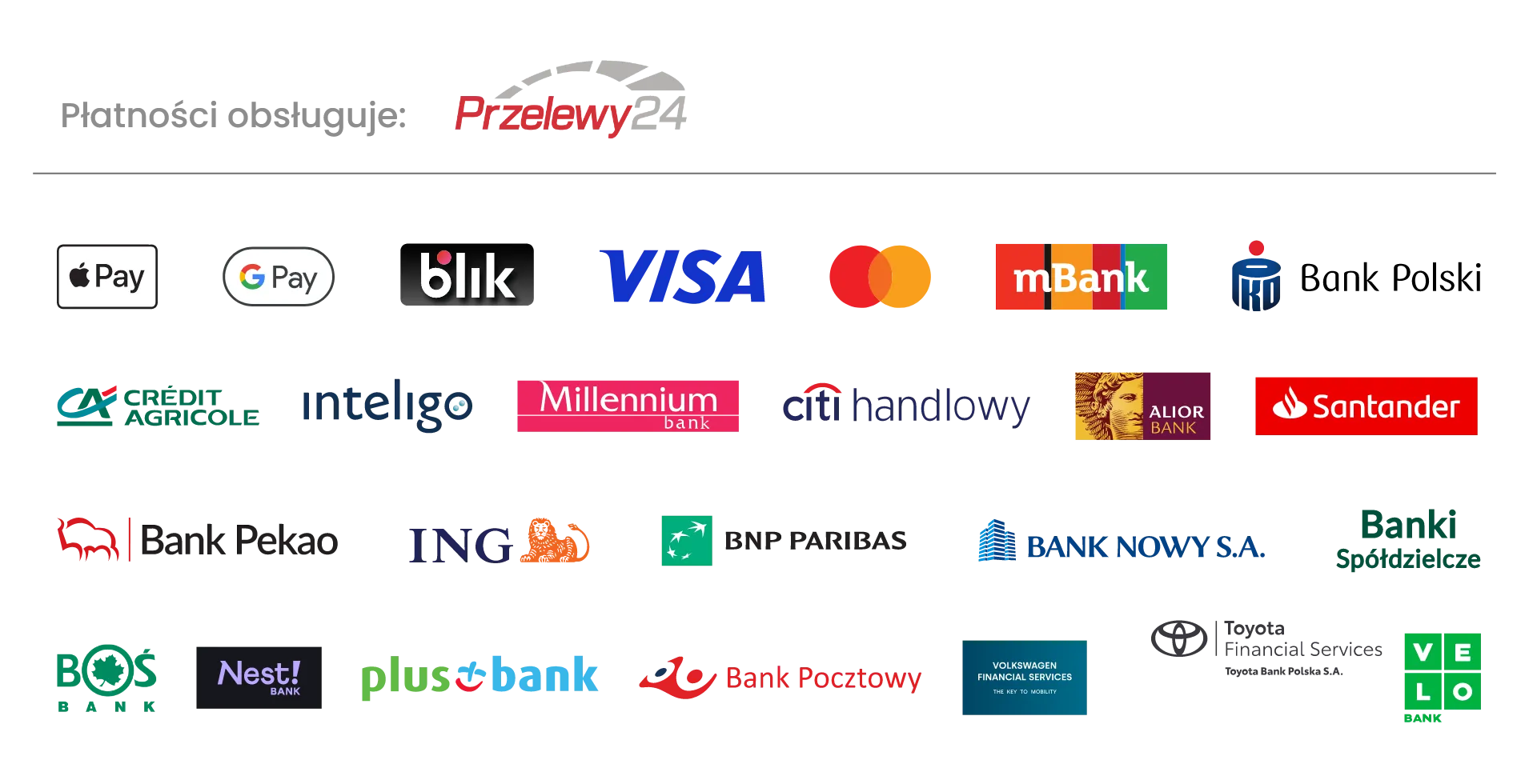 Metody płatności — Przelewy24, BLIK, Apple Pay, Google Pay, karty, przelewy bankowe